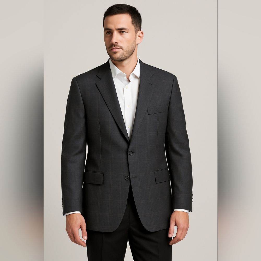 Burberry London Mens Blazer Gray Check Wool Classic Suit Jacket 46R Two Button
